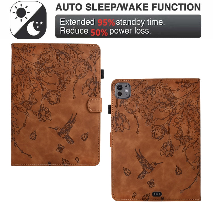 For iPad Pro 11 2025 / 2024 Flowers and Bird Embossed Smart Leather Tablet Case(Brown) by bashfashion