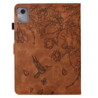 For Lenovo Tab M11 Flowers and Bird Embossed Smart Leather Tablet Case(Brown) by bashfashion