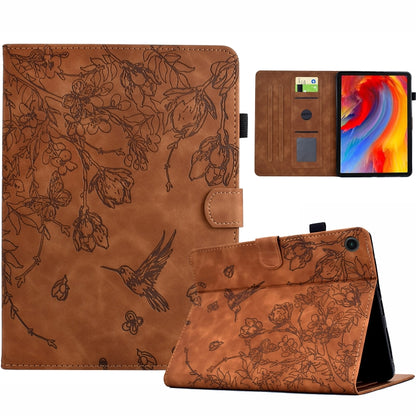 For Samsung Galaxy Tab A8 2022 SM-X200 Flowers and Bird Embossed Smart Leather Tablet Case(Brown) by bashfashion