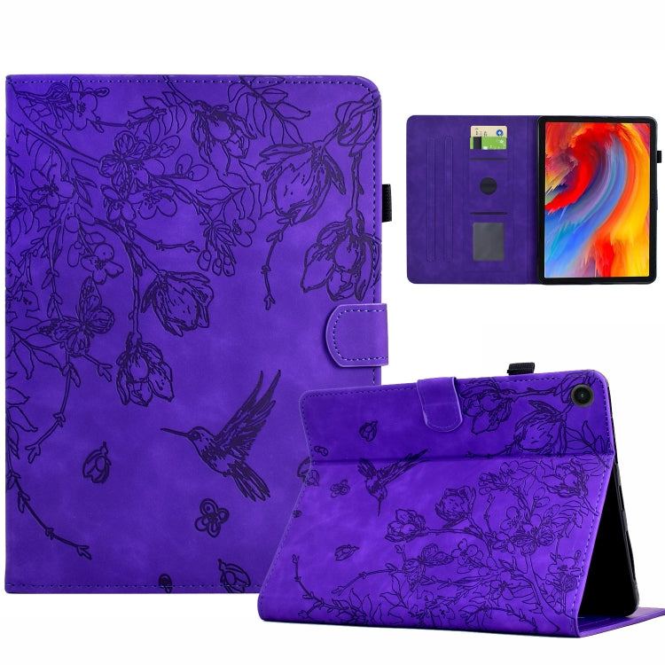 For Samsung Galaxy Tab A8 2022 SM-X200 Flowers and Bird Embossed Smart Leather Tablet Case(Purple) by bashfashion