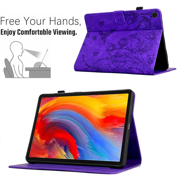 For Samsung Galaxy Tab A11+ / A9+ Flowers and Bird Embossed Smart Leather Tablet Case(Purple) by bashfashion
