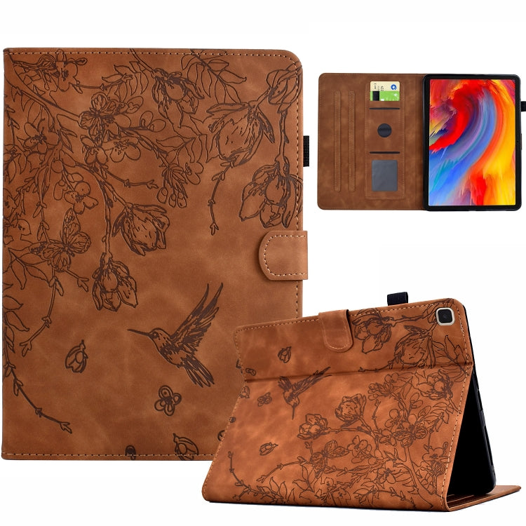 For Samsung Galaxy Tab S6 Lite P610 Flowers and Bird Embossed Smart Leather Tablet Case(Brown) by bashfashion