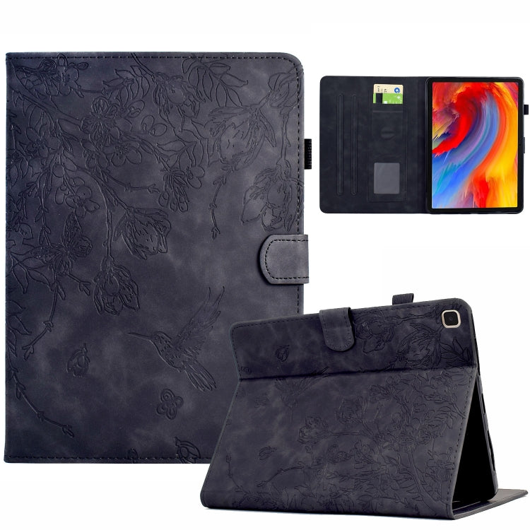 For Samsung Galaxy Tab S6 Lite P610 Flowers and Bird Embossed Smart Leather Tablet Case(Black) by bashfashion