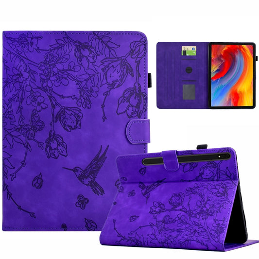 For Samsung Galaxy Tab S7 / S8 Flowers and Bird Embossed Smart Leather Tablet Case(Purple) by bashfashion