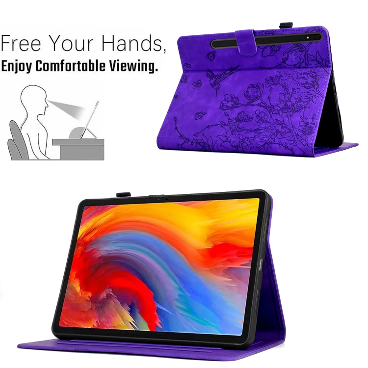 For Samsung Galaxy Tab S7 / S8 Flowers and Bird Embossed Smart Leather Tablet Case(Purple) by bashfashion