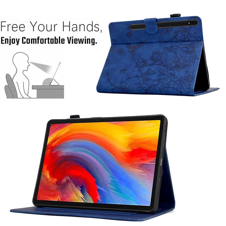 For Samsung Galaxy Tab S7 / S8 Flowers and Bird Embossed Smart Leather Tablet Case(Dark Blue) by bashfashion