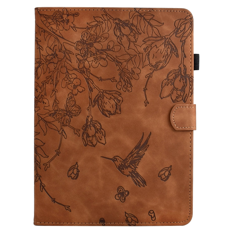For Samsung Galaxy Tab S9 Flowers and Bird Embossed Smart Leather Tablet Case(Brown) by bashfashion