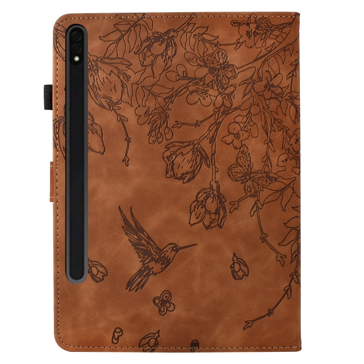 For Samsung Galaxy Tab S9 Flowers and Bird Embossed Smart Leather Tablet Case(Brown) by bashfashion
