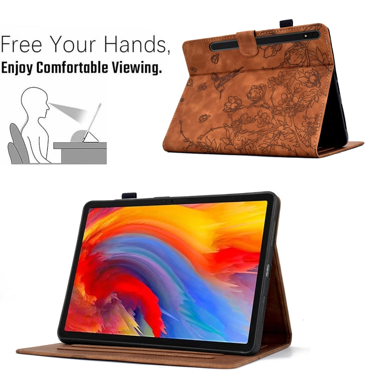 For Samsung Galaxy Tab S9 Flowers and Bird Embossed Smart Leather Tablet Case(Brown) by bashfashion