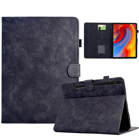 For Samsung Galaxy Tab S9 Flowers and Bird Embossed Smart Leather Tablet Case(Black) by bashfashion