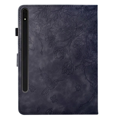 For Samsung Galaxy Tab S9 Flowers and Bird Embossed Smart Leather Tablet Case(Black) by bashfashion