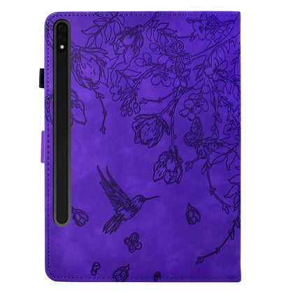 For Samsung Galaxy Tab S9 Flowers and Bird Embossed Smart Leather Tablet Case(Purple) by bashfashion