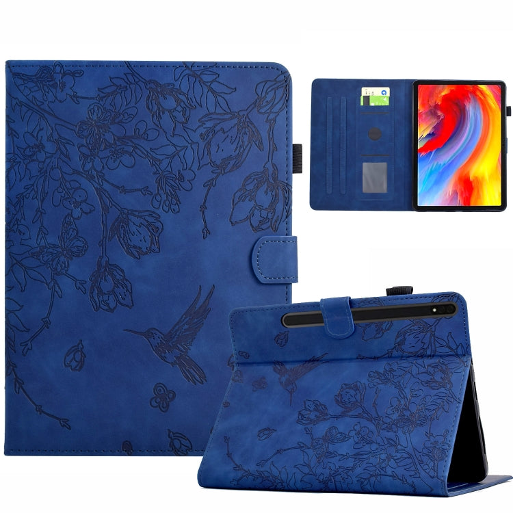 For Samsung Galaxy Tab S9 Flowers and Bird Embossed Smart Leather Tablet Case(Dark Blue) by bashfashion