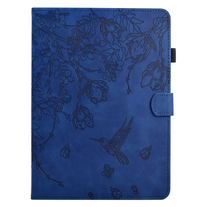 For Samsung Galaxy Tab S9 Flowers and Bird Embossed Smart Leather Tablet Case(Dark Blue) by bashfashion