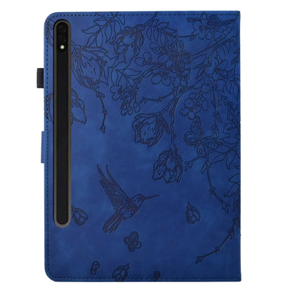 For Samsung Galaxy Tab S9 Flowers and Bird Embossed Smart Leather Tablet Case(Dark Blue) by bashfashion