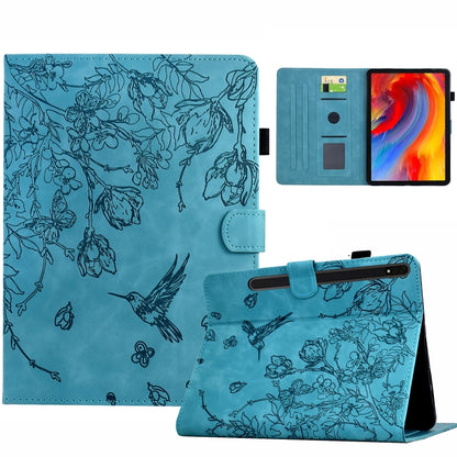 For Samsung Galaxy Tab S9 Flowers and Bird Embossed Smart Leather Tablet Case(Light Blue) by bashfashion