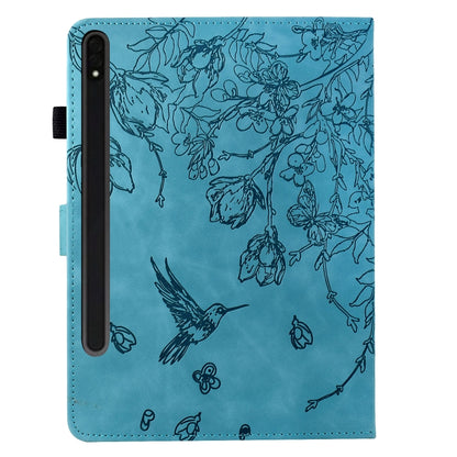 For Samsung Galaxy Tab S9 Flowers and Bird Embossed Smart Leather Tablet Case(Light Blue) by bashfashion