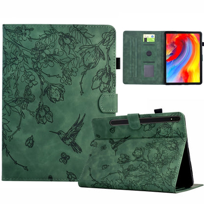 For Samsung Galaxy Tab S9 Flowers and Bird Embossed Smart Leather Tablet Case(Green) by bashfashion
