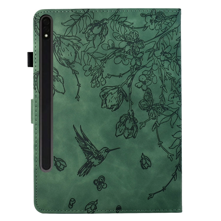 For Samsung Galaxy Tab S9 Flowers and Bird Embossed Smart Leather Tablet Case(Green) by bashfashion