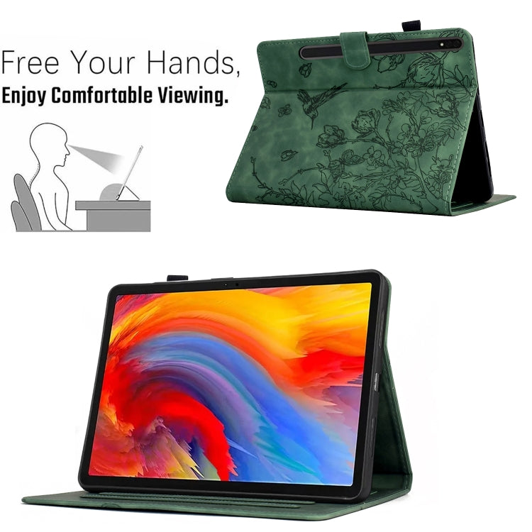 For Samsung Galaxy Tab S9 Flowers and Bird Embossed Smart Leather Tablet Case(Green) by bashfashion