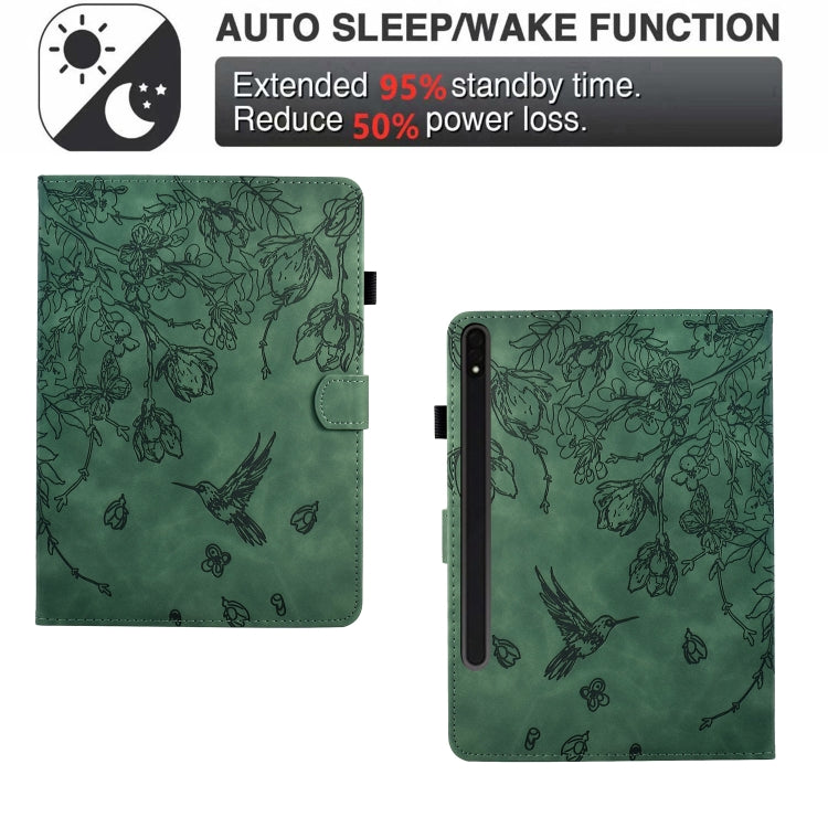 For Samsung Galaxy Tab S9 Flowers and Bird Embossed Smart Leather Tablet Case(Green) by bashfashion