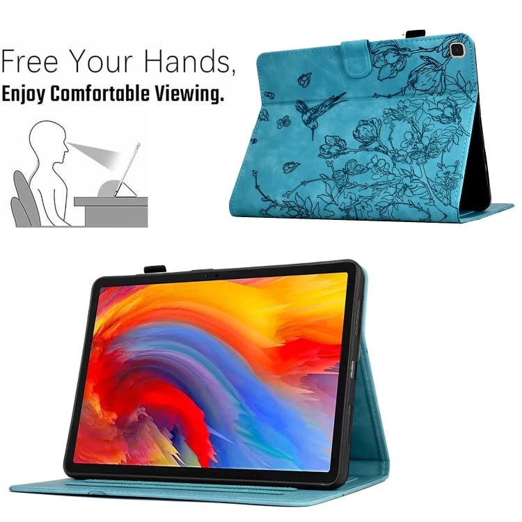 For Samsung Galaxy Tab A7 10.4 T500 Flowers and Bird Embossed Smart Leather Tablet Case(Light Blue) by bashfashion