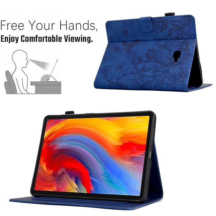 For Samsung Galaxy Tab A 10.1 T580 Flowers and Bird Embossed Smart Leather Tablet Case(Dark Blue) by bashfashion