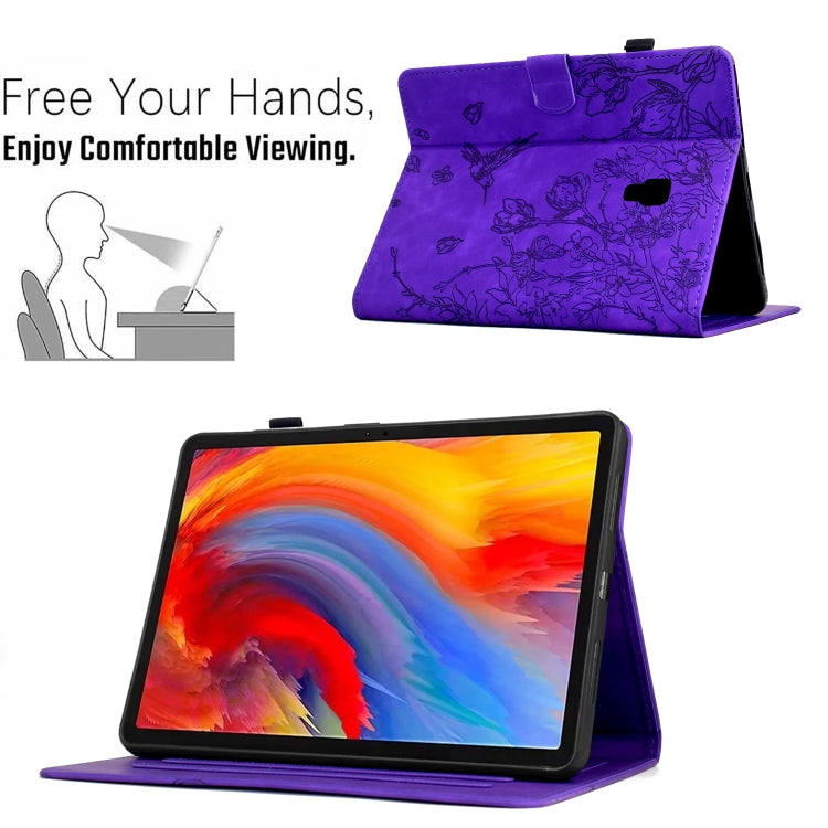 For Samsung Galaxy Tab A 10.5 T590 Flowers and Bird Embossed Smart Leather Tablet Case(Purple) by bashfashion