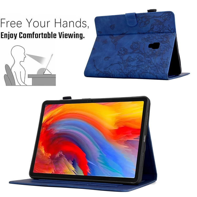 For Samsung Galaxy Tab A 10.5 T590 Flowers and Bird Embossed Smart Leather Tablet Case(Dark Blue) by bashfashion