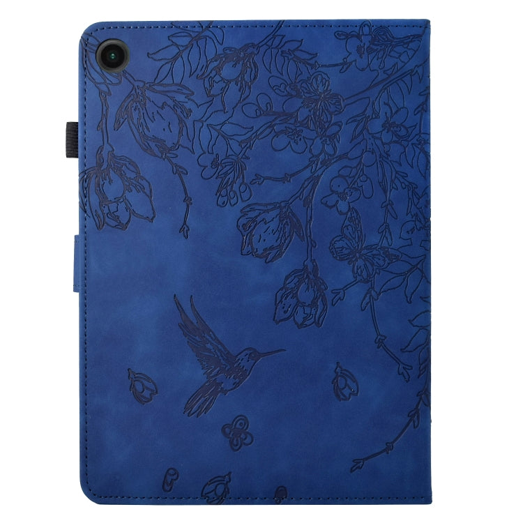 For Samsung Galaxy Tab A11 / A9 Flowers and Bird Embossed Leather Tablet Case(Dark Blue) by bashfashion