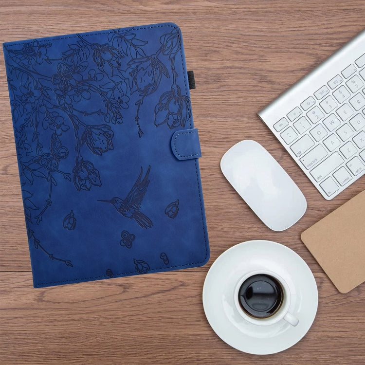 For Samsung Galaxy Tab A11 / A9 Flowers and Bird Embossed Leather Tablet Case(Dark Blue) by bashfashion