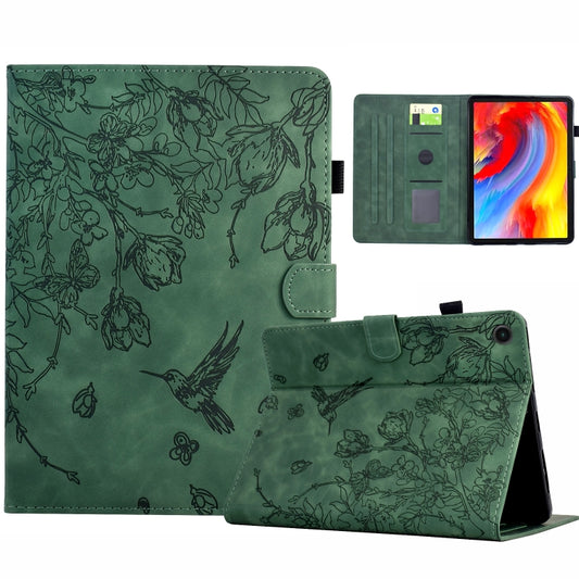For Samsung Galaxy Tab A11 / A9 Flowers and Bird Embossed Leather Tablet Case(Green) by bashfashion