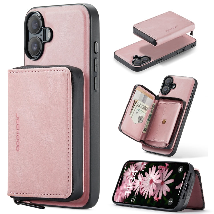 For iPhone 16 Plus JEEHOOD J02 Magnetic Zipper Horizontal Flip Leather Phone Case(Pink) by JEEHOOD
