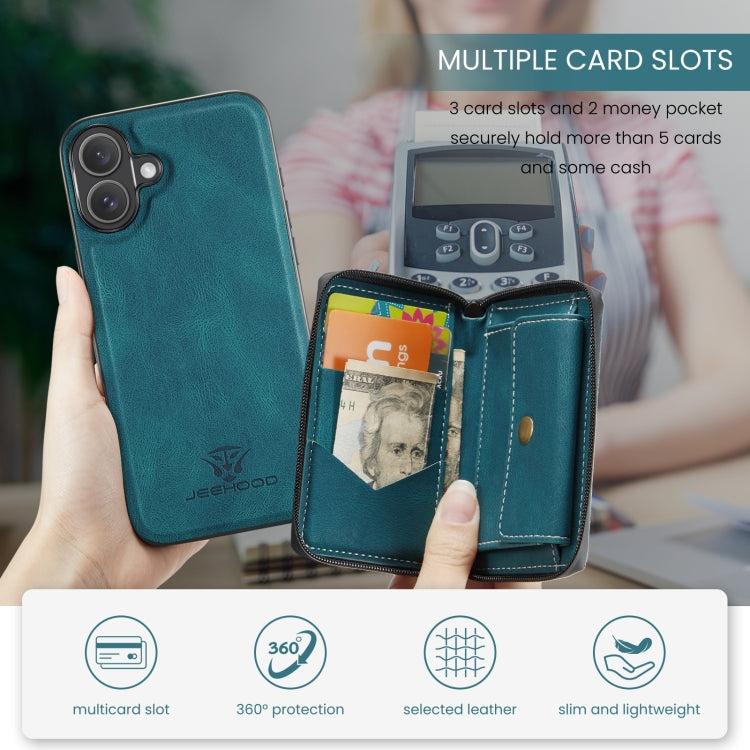 For iPhone 16 Plus JEEHOOD J02 Magnetic Zipper Horizontal Flip Leather Phone Case(Blue) by JEEHOOD