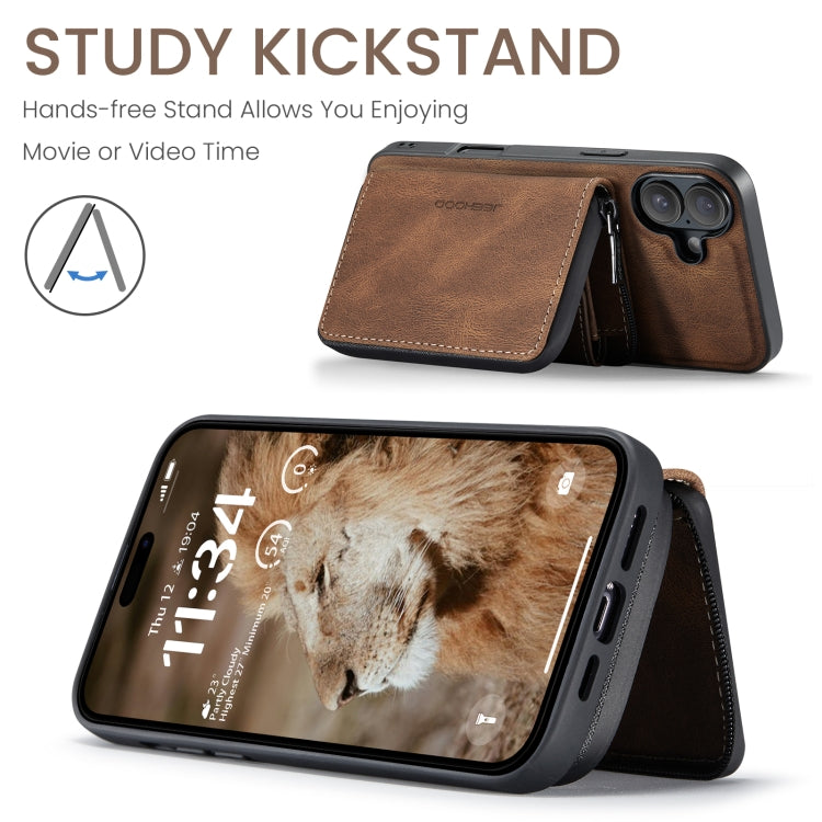 For iPhone 16 Plus JEEHOOD J02 Magnetic Zipper Horizontal Flip Leather Phone Case(Brown) by JEEHOOD
