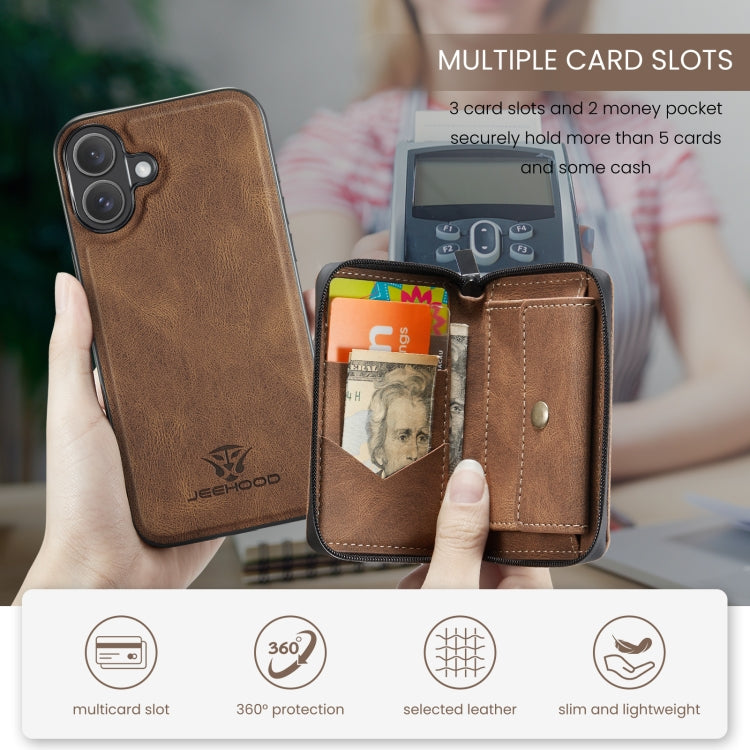 For iPhone 16 Plus JEEHOOD J02 Magnetic Zipper Horizontal Flip Leather Phone Case(Brown) by JEEHOOD