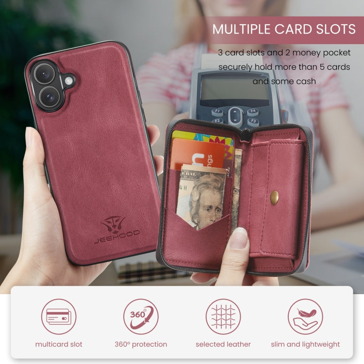 For iPhone 16 Plus JEEHOOD J02 Magnetic Zipper Horizontal Flip Leather Phone Case(Red) by JEEHOOD
