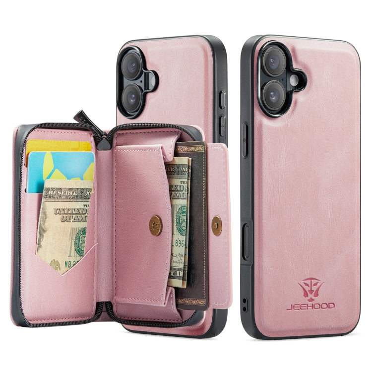 For iPhone 16 JEEHOOD J02 Magnetic Zipper Horizontal Flip Leather Phone Case(Pink) by JEEHOOD