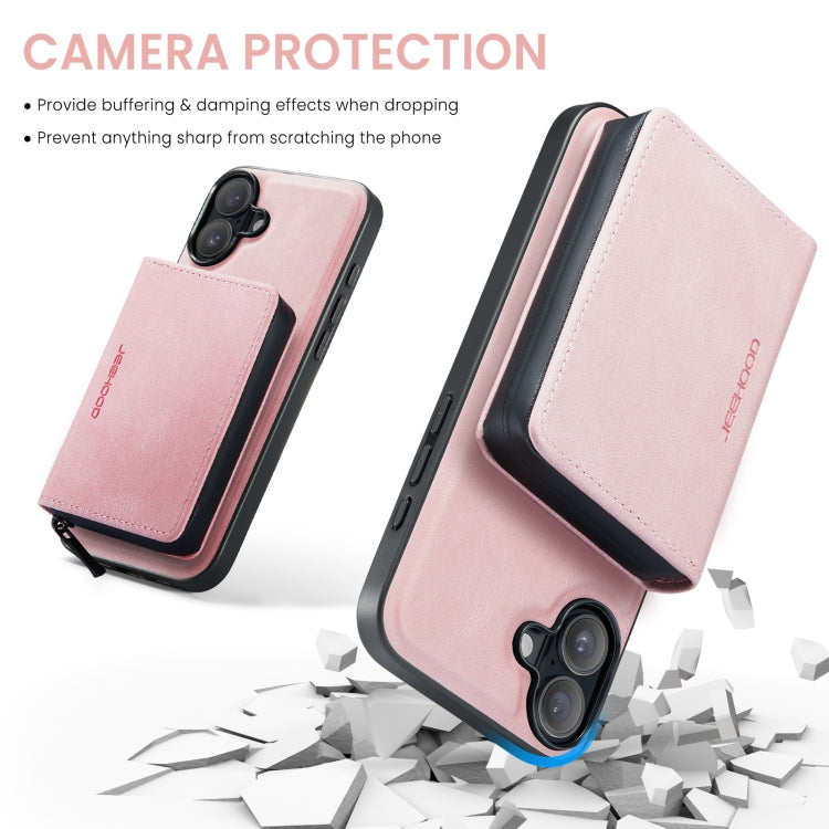For iPhone 16 JEEHOOD J02 Magnetic Zipper Horizontal Flip Leather Phone Case(Pink) by JEEHOOD