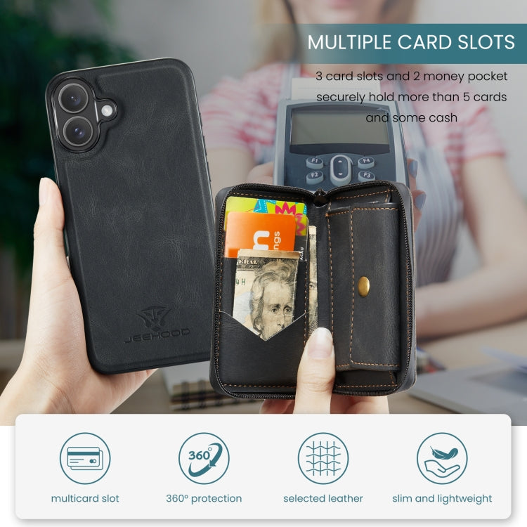 For iPhone 16 JEEHOOD J02 Magnetic Zipper Horizontal Flip Leather Phone Case(Black) by JEEHOOD