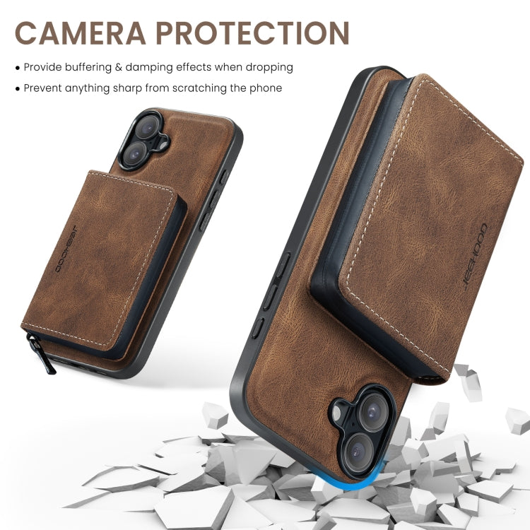 For iPhone 16 JEEHOOD J02 Magnetic Zipper Horizontal Flip Leather Phone Case(Brown) by JEEHOOD