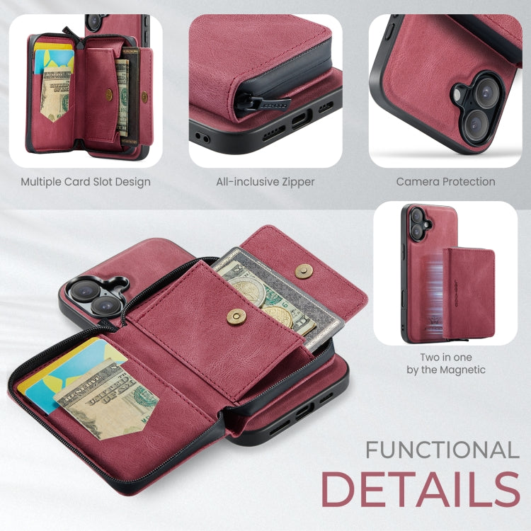 For iPhone 16 JEEHOOD J02 Magnetic Zipper Horizontal Flip Leather Phone Case(Red) by JEEHOOD