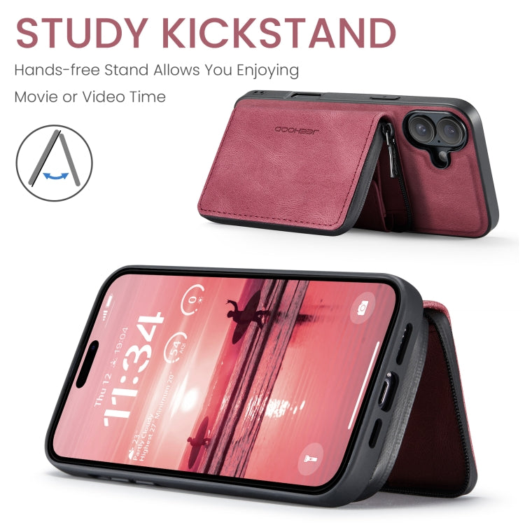For iPhone 16 JEEHOOD J02 Magnetic Zipper Horizontal Flip Leather Phone Case(Red) by JEEHOOD