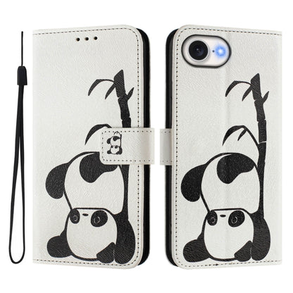For iPhone 16e Art Colored Drawing Pattern Leather Phone Case(Panda) by bashfashion