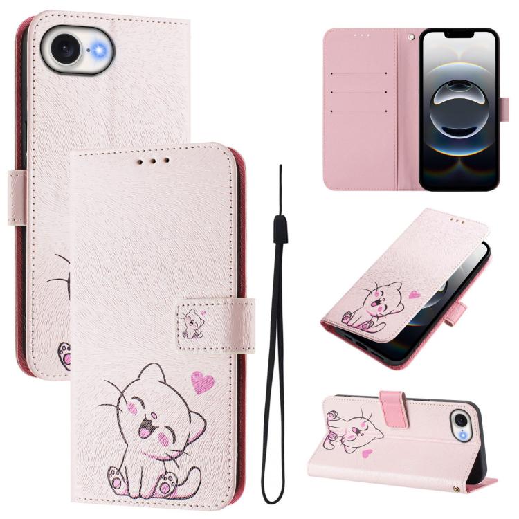 For iPhone 16e Art Colored Drawing Pattern Leather Phone Case(Cute cat) by bashfashion