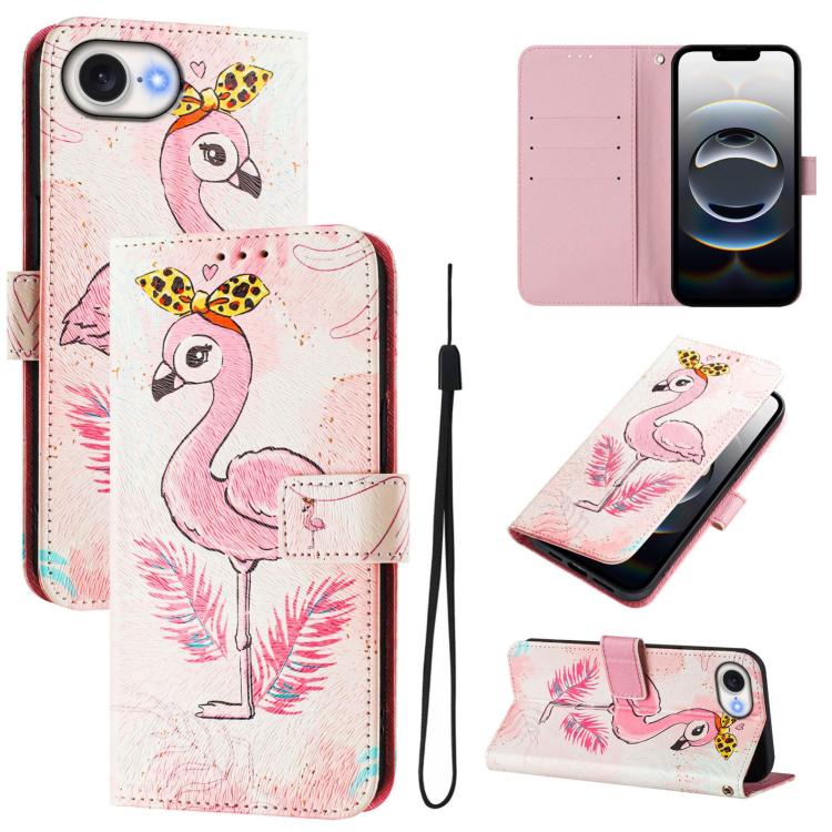 For iPhone 16e Art Colored Drawing Pattern Leather Phone Case(Flamingo) by bashfashion