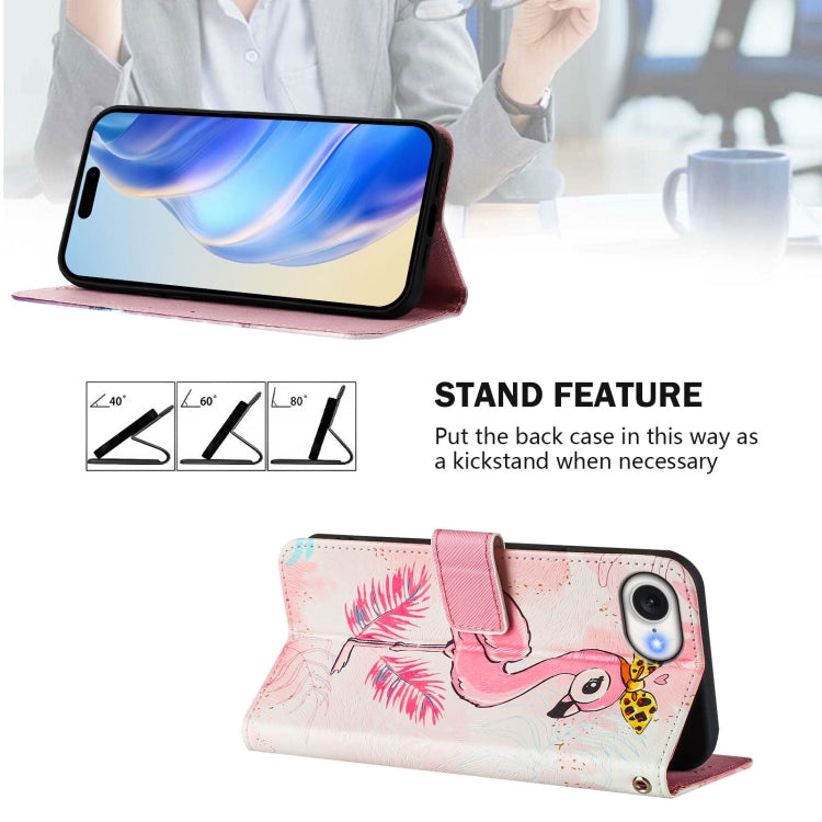 For iPhone 16e Art Colored Drawing Pattern Leather Phone Case(Flamingo) by bashfashion