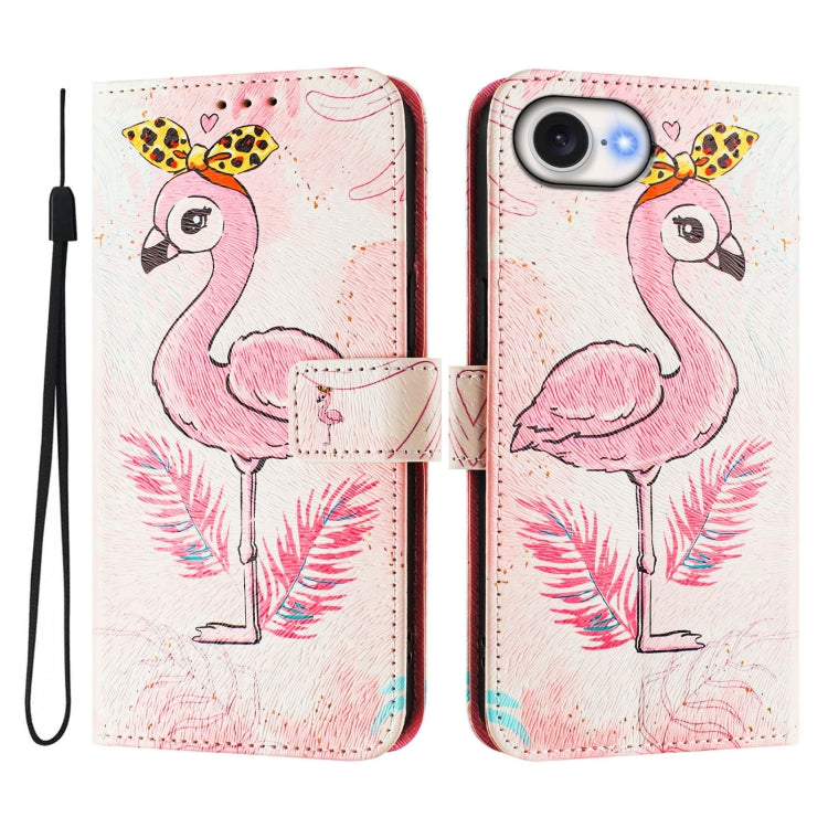 For iPhone 16e Art Colored Drawing Pattern Leather Phone Case(Flamingo) by bashfashion