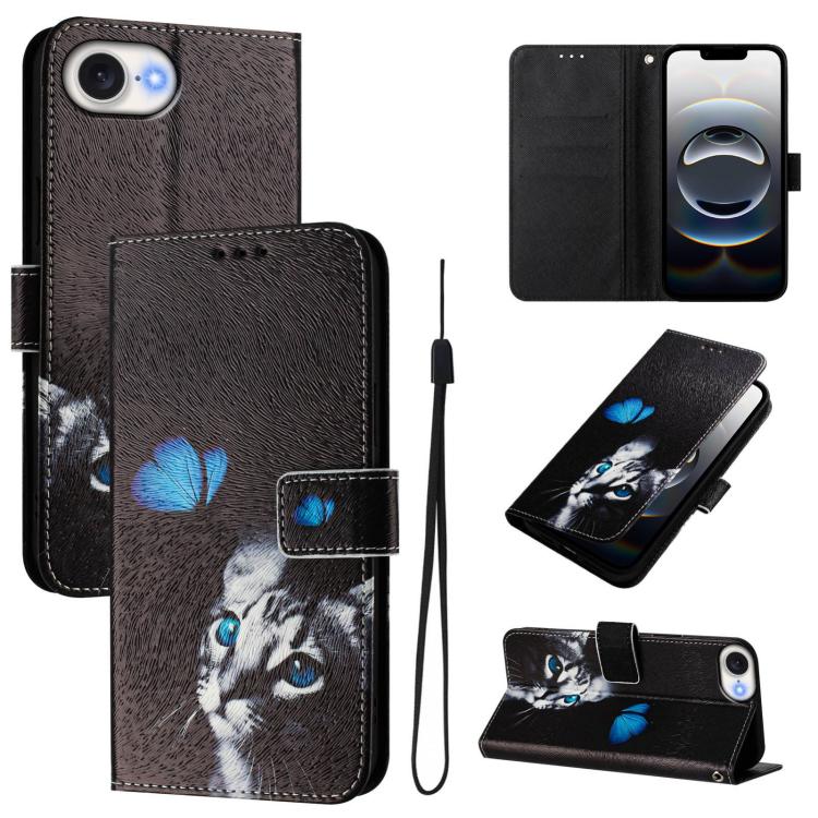 For iPhone 16e Art Colored Drawing Pattern Leather Phone Case(Butterfly cat) by bashfashion