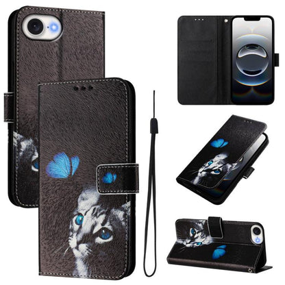 For iPhone 16e Art Colored Drawing Pattern Leather Phone Case(Butterfly cat) by bashfashion